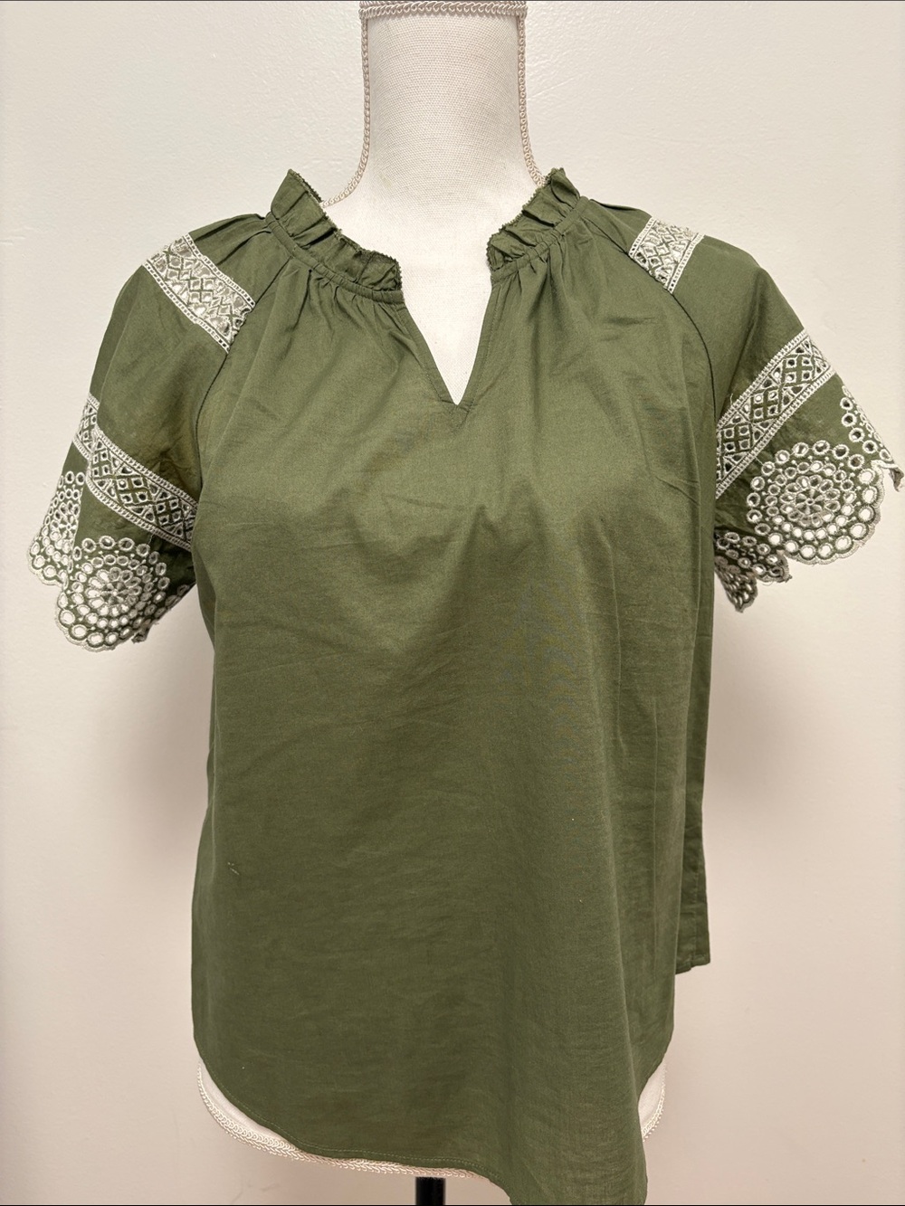 Talbots Olive Green Embroidered Short-Sleeve Top